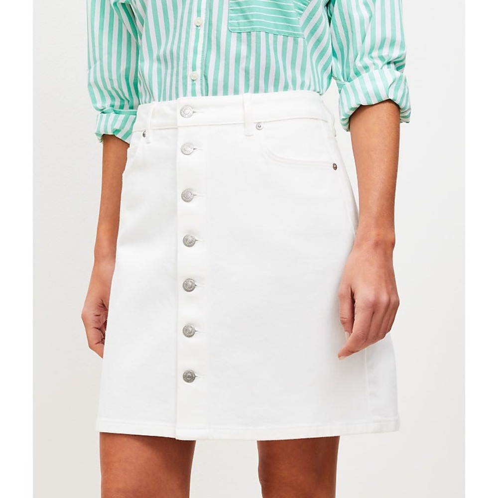 LOFT White Button Front Denim Mini Skirt Size 2 Cotton Stretch A-Line Casual